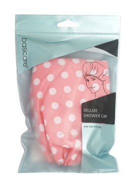 Basicare Deluxe Shower Cap Pink with White Dots Reusable Waterproof Hair Cover