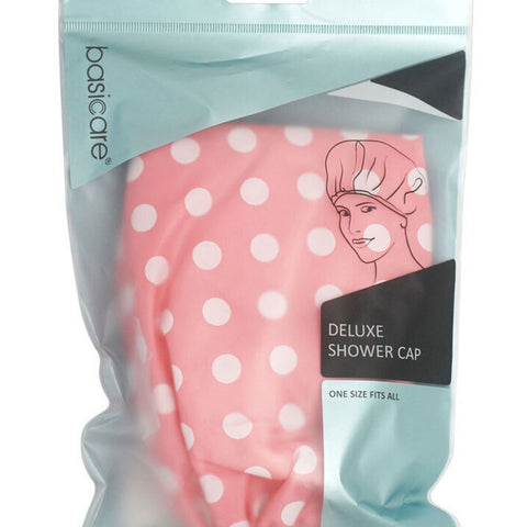Basicare Deluxe Shower Cap Pink with White Dots Reusable Waterproof Hair Cover