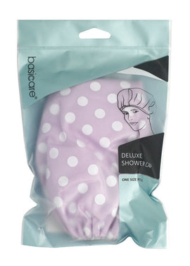 Basicare Deluxe Shower Cap Purple with White Dots Reusable Waterproof Hair Cover