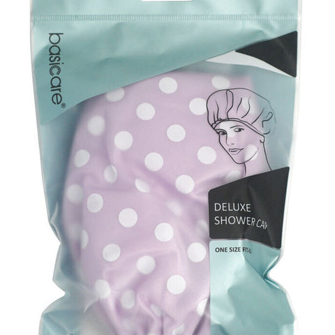 Basicare Deluxe Shower Cap Purple with White Dots Reusable Waterproof Hair Cover