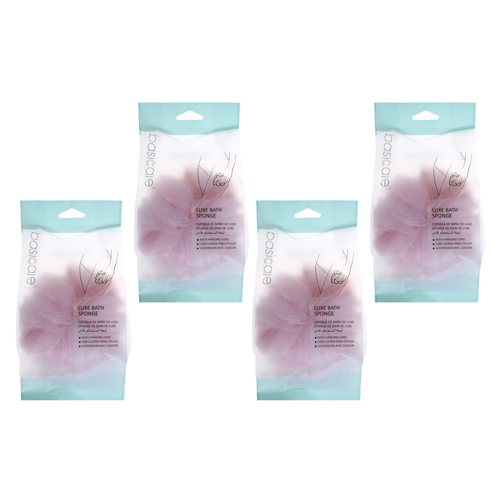 Basicare Luxe Bath Sponge Pink Bundle of 4 Soft Exfoliating Shower Sponge