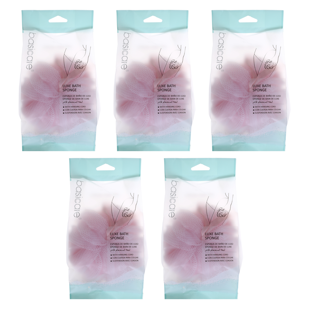 Basicare Luxe Bath Sponge Pink with Hanging Cord Bundle of 5