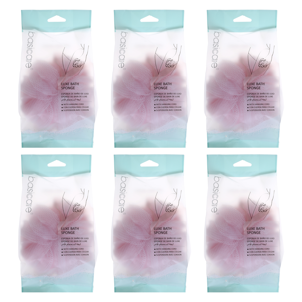 Basicare Luxe Bath Sponge Pink Bundle of 6 Hanging Cord Soft Exfoliating
