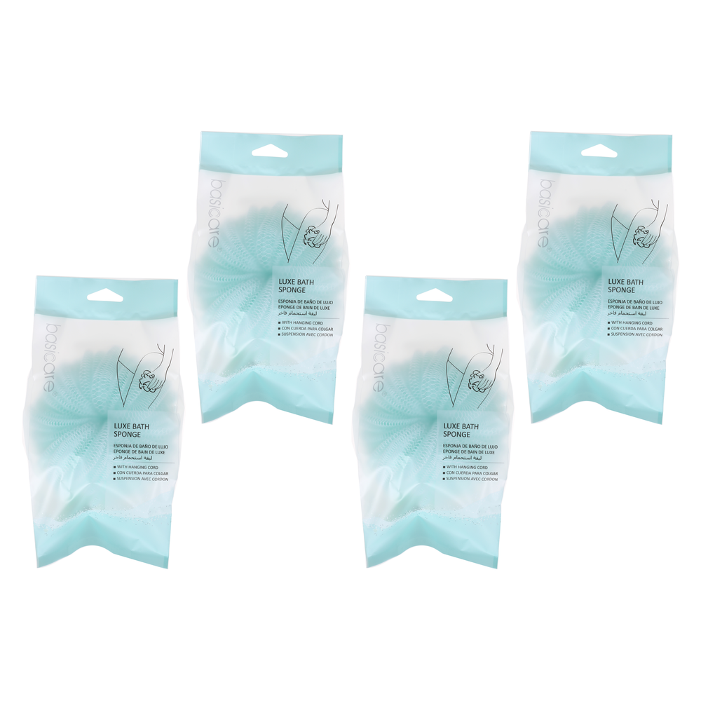 Basicare Luxe Bath Sponge Cream Hanging Cord 4 Pack Exfoliating Shower Sponge
