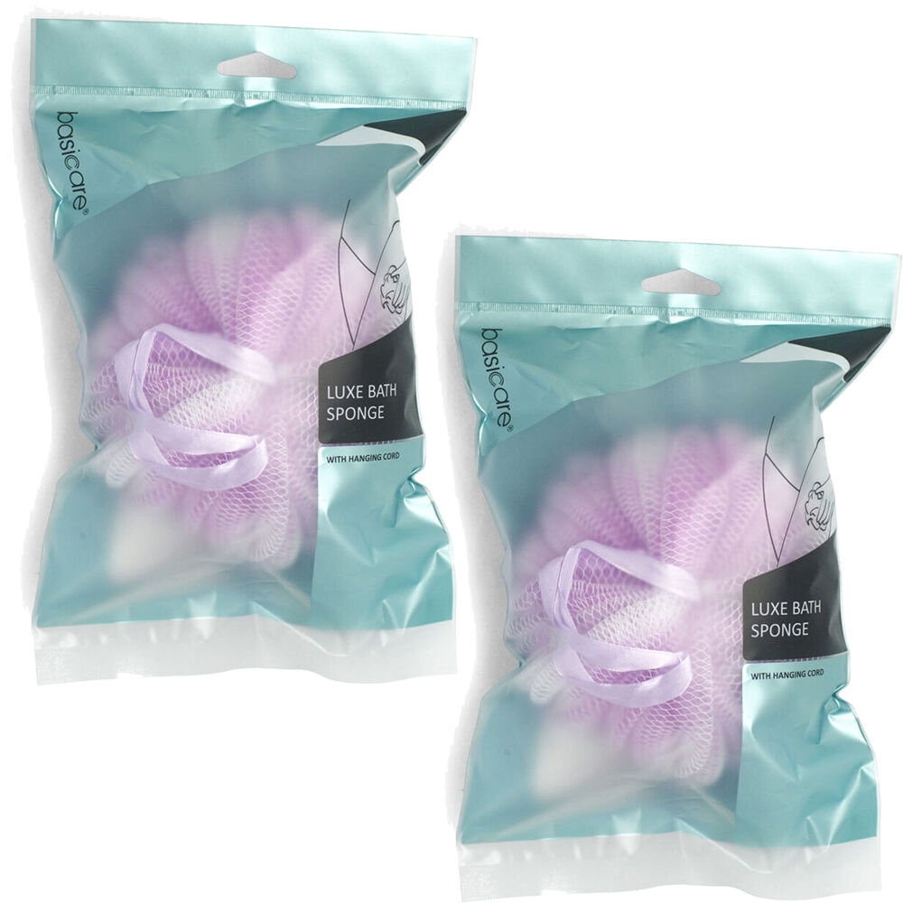 Basicare Luxe Bath Sponge Lilac with Hanging Cord Exfoliating Shower Sponge x2