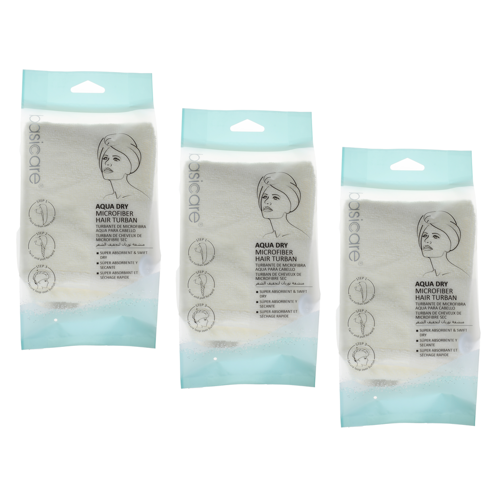Basicare Aqus Dry Microfiber Hair Turban 3 Pack Lightweight Quick Dry