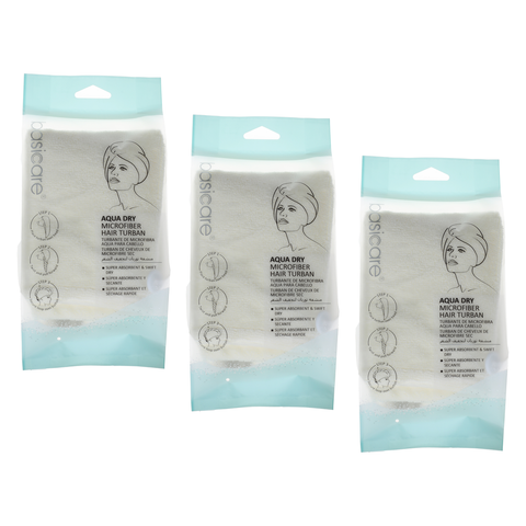 Basicare Aqus Dry Microfiber Hair Turban 3 Pack Lightweight Quick Dry