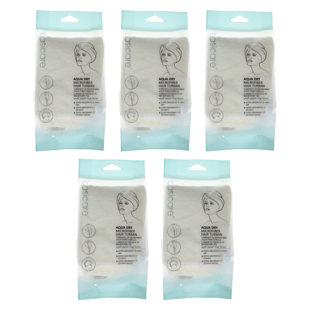 Basicare Aqus Dry Microfiber Hair Turban 5 Pack Lightweight Super Absorbent