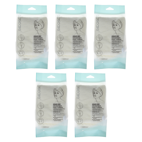 Basicare Aqus Dry Microfiber Hair Turban 5 Pack Lightweight Super Absorbent