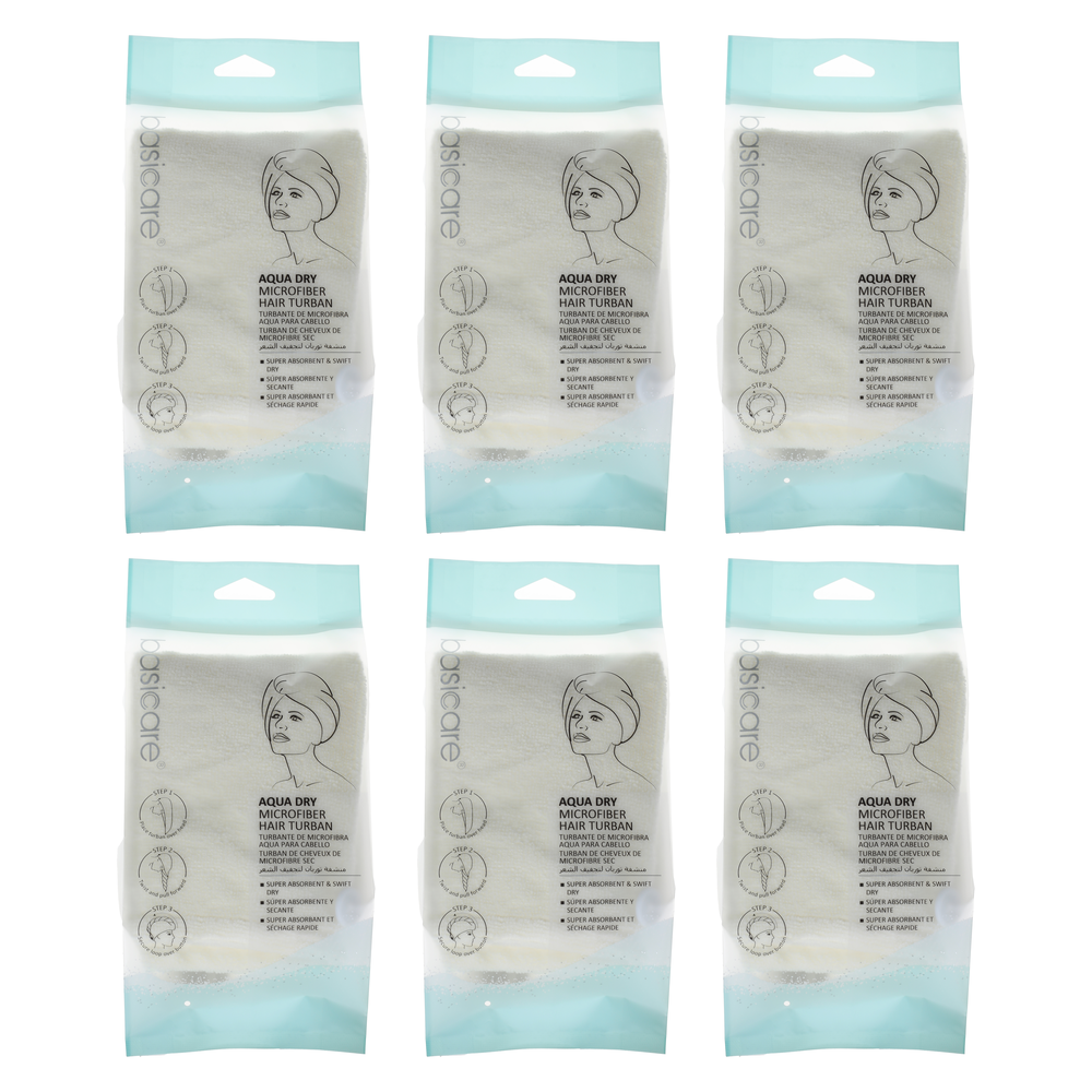 Basicare Aqus Dry Microfiber Hair Turban Bundle of 6 Quick Dry Lightweight