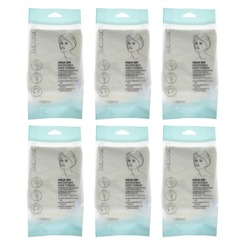 Basicare Aqus Dry Microfiber Hair Turban Bundle of 6 Quick Dry Lightweight