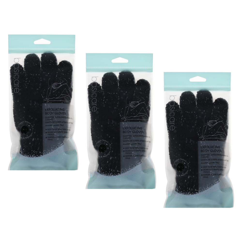 Basicare Exfoliating Body Gloves White with Blue Dots 3 Pack Bundle