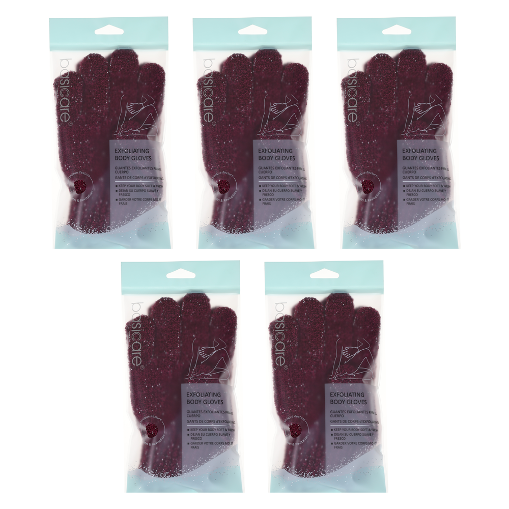 Basicare Exfoliating Body Gloves Bundle of 5 Pairs White Pink Dots