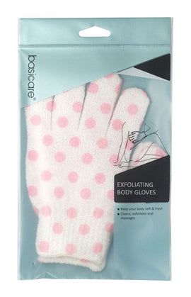 Basicare Exfoliating Body Gloves White with Pink Dots Smooth Radiant Skin