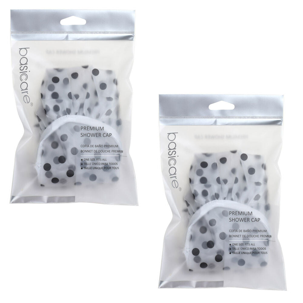 Basicare Deluxe Shower Cap Clear Black Dots Reusable One Size Pack of 2