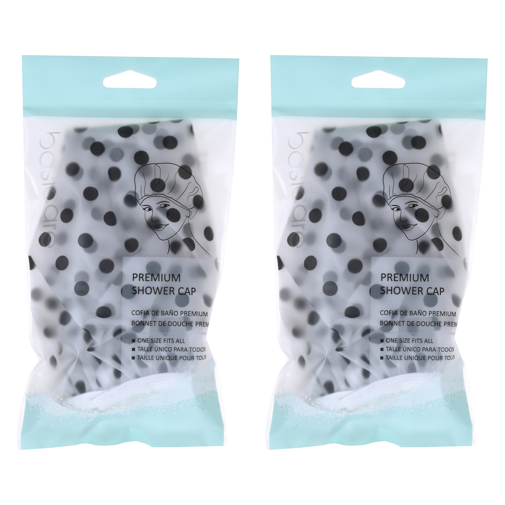 Basicare Deluxe Shower Cap Clear Black Dots Reusable One Size Pack of 2
