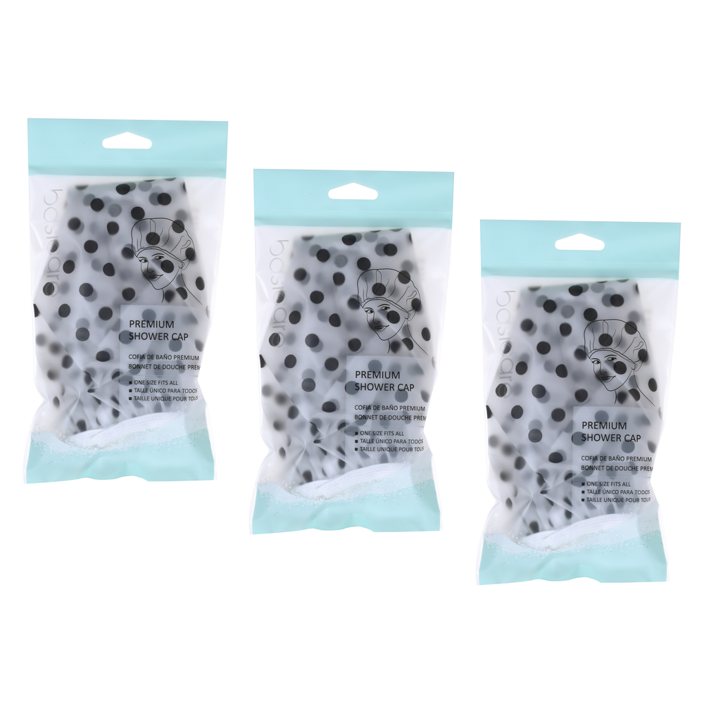 Basicare Deluxe Shower Cap Clear with Black Dots Reusable Pack of 3