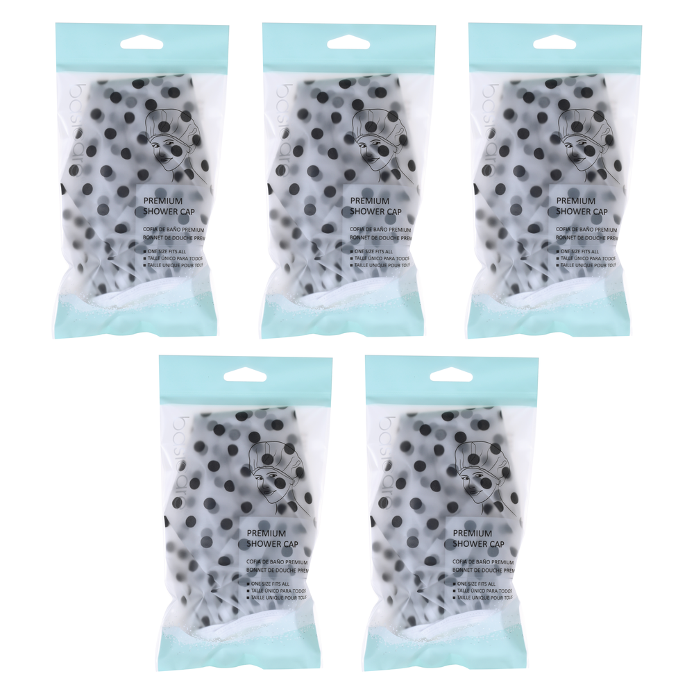 Basicare Deluxe Shower Cap Clear Black Dots Reusable One Size Bundle of 5
