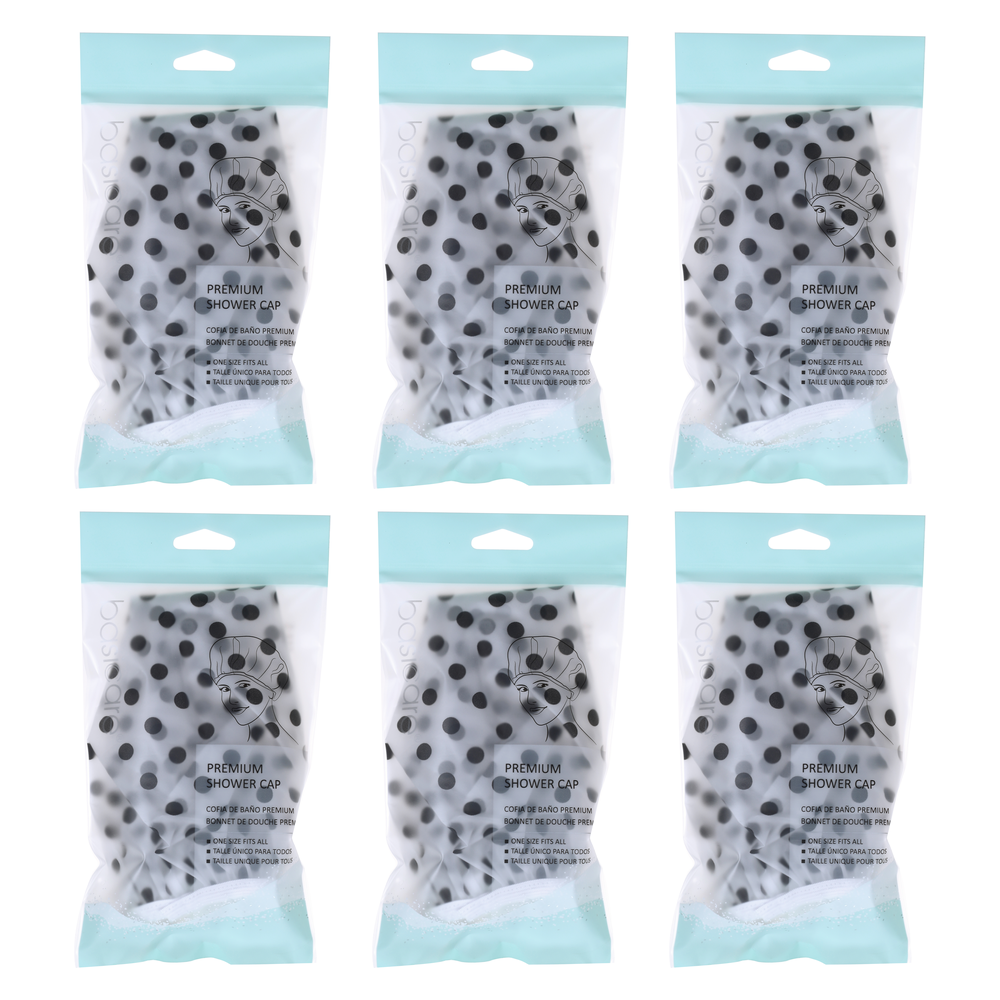 Basicare Deluxe Shower Cap Clear Black Dots Reusable One Size Bundle of 6