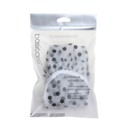 Basicare Deluxe Shower Cap Clear with Black Dots Reusable One Size Fits All