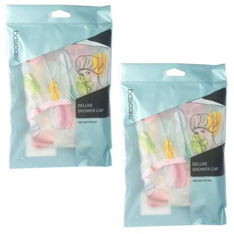 Basicare Deluxe Macaron Shower Cap Reusable Waterproof One Size Fits All 2 Pack