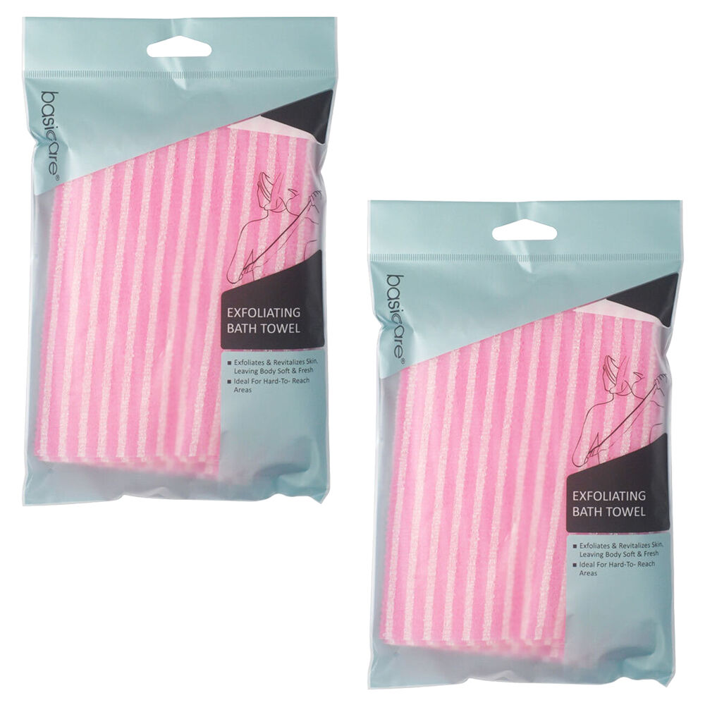 Basicare Exfoliating Bath Towel Pink Pack of 2 Deep Clean Soft Smooth Skin