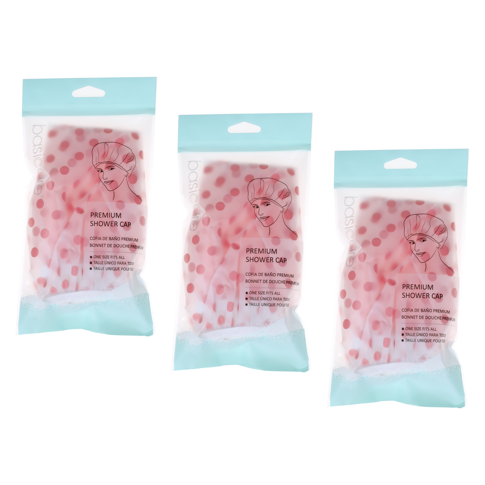 Basicare Premium Shower Cap Peva Pink Spots Bundle of 3 Reusable