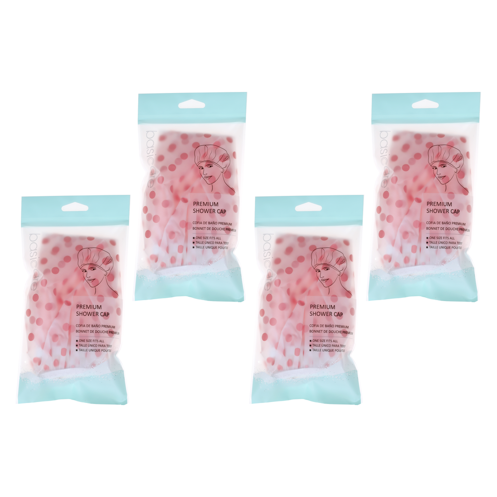 Basicare Premium Shower Cap Peva Pink Spots Bundle of 4 Reusable