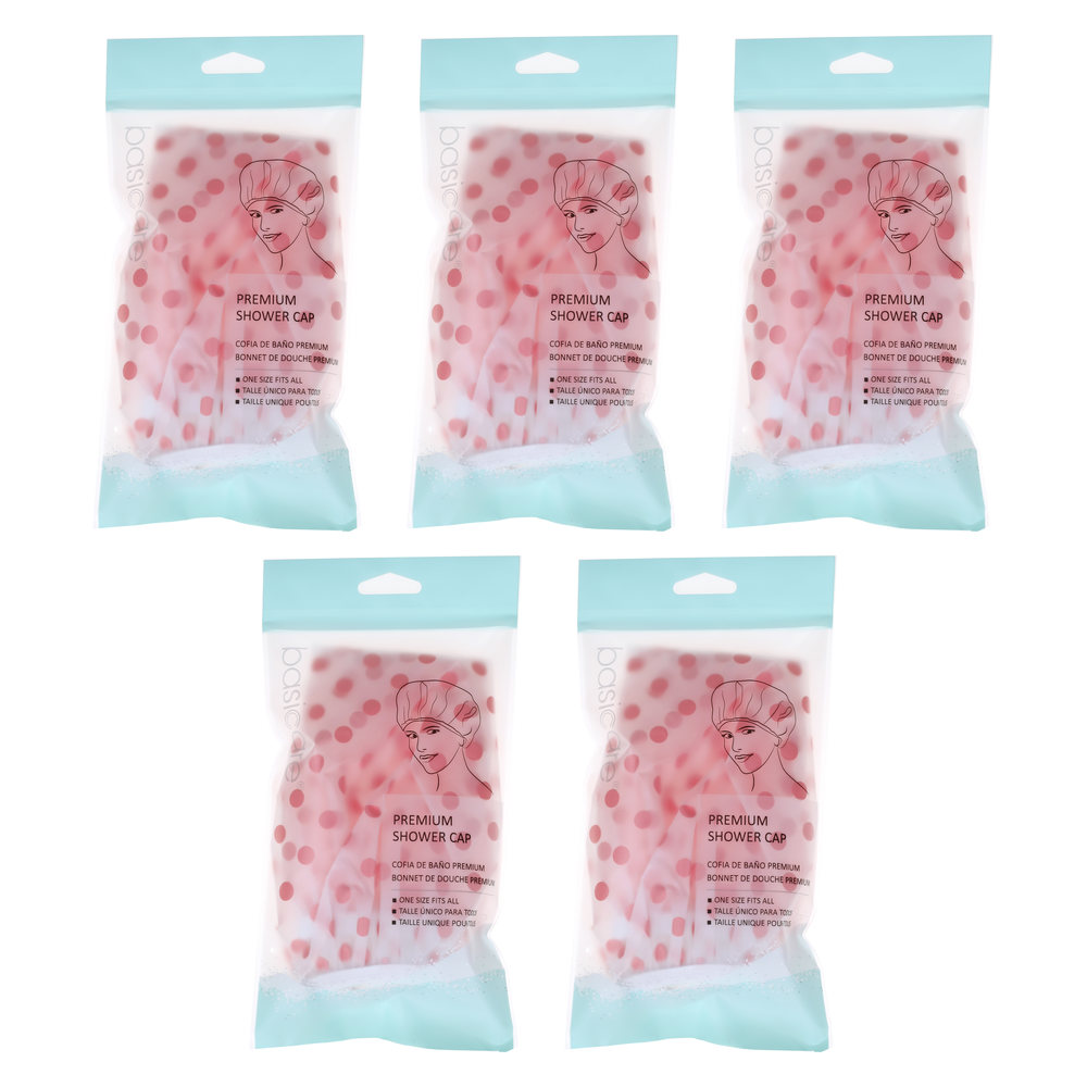 Basicare Premium Shower Cap Peva Pink Spots Bundle of 5 Reusable Durable
