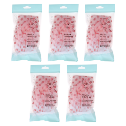 Basicare Premium Shower Cap Peva Pink Spots Bundle of 5 Reusable Durable
