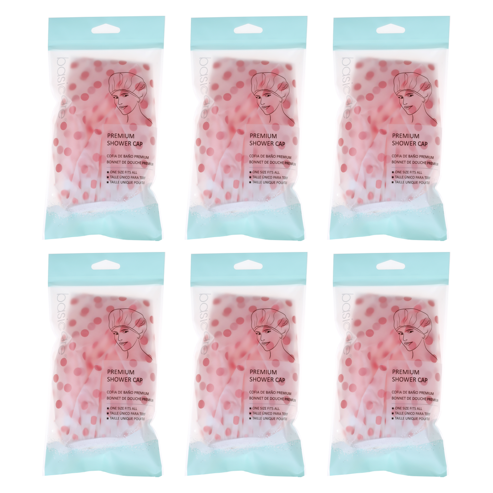 Basicare Shower Cap Peva Pink Spots Bundle of 6 Reusable Waterproof