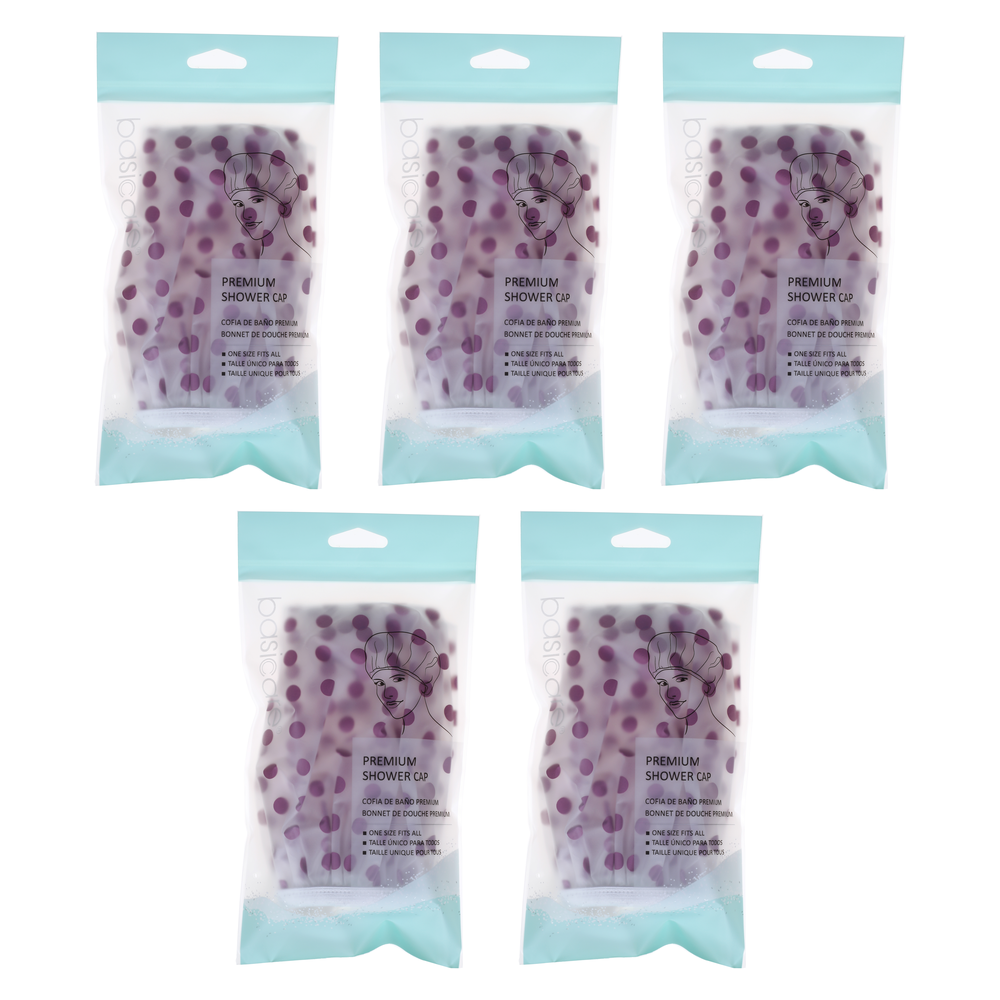 Basicare Premium Shower Cap Purple Spots 5 Pack Reusable PEVA Hair Protector