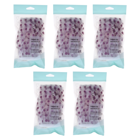 Basicare Premium Shower Cap Purple Spots 5 Pack Reusable PEVA Hair Protector