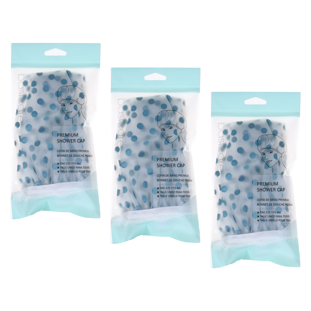 Basicare Bundle of 3 Premium Shower Caps PEVA Blue Spots Waterproof Reusable