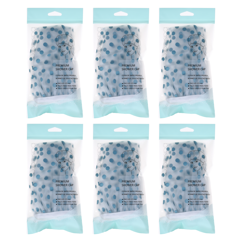 Basicare Premium Waterproof Reusable Shower Cap Blue Spots Bundle of 6