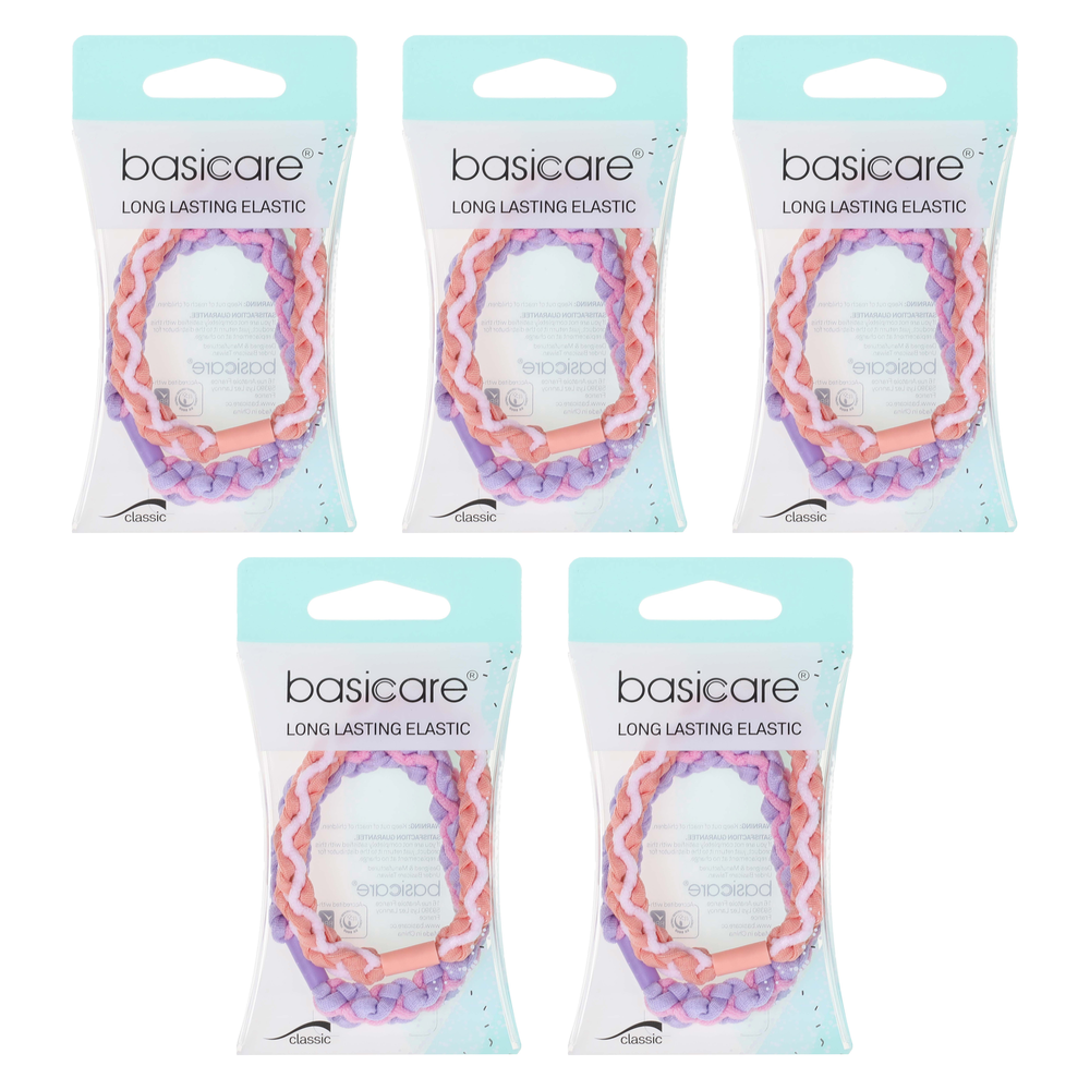 Basicare Plaited Elastic Hair Bands Pink Purple 5 Pack Long Lasting