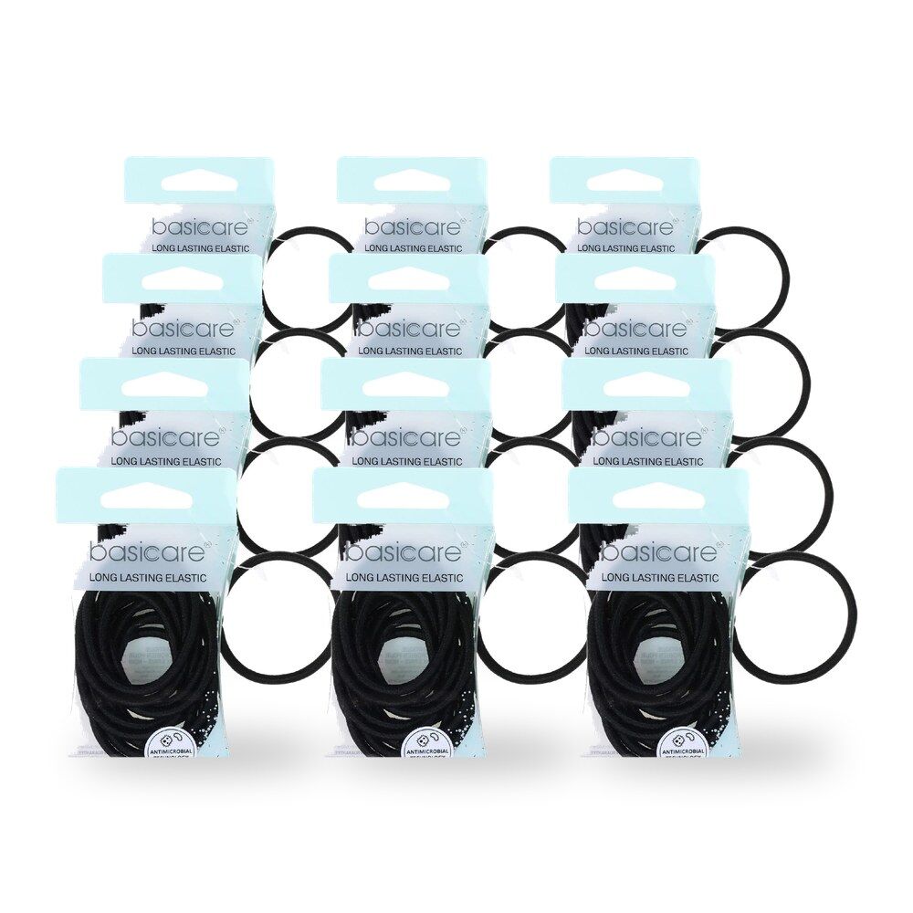 Basicare Snag Free Round Hair Elastics Black 12pcs Secure No Metal Hair Ties Bundle of 12