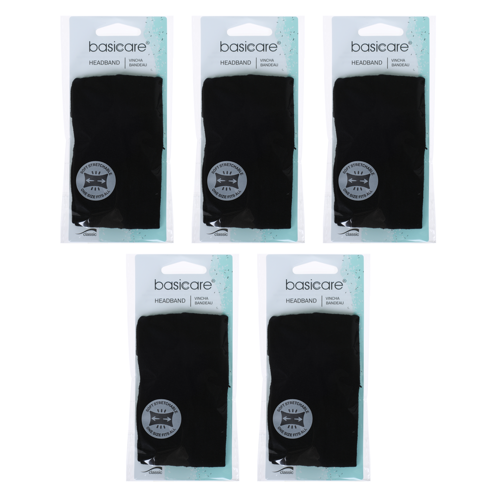 Basicare Black Adjustable Hook and Loop Headband 5 Pack Bundle