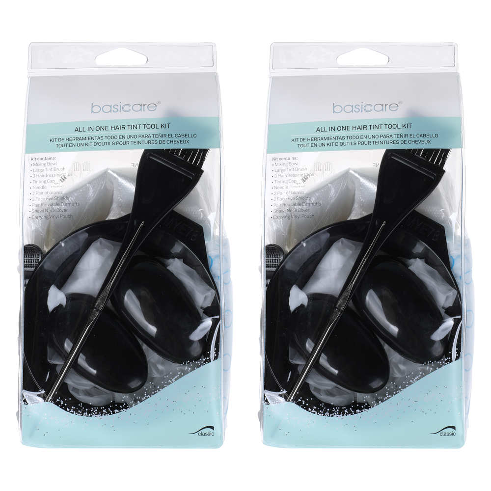 Basicare Hair Tint Tool Kit 2 Pack Bowl Brush Cap Gloves Pouch