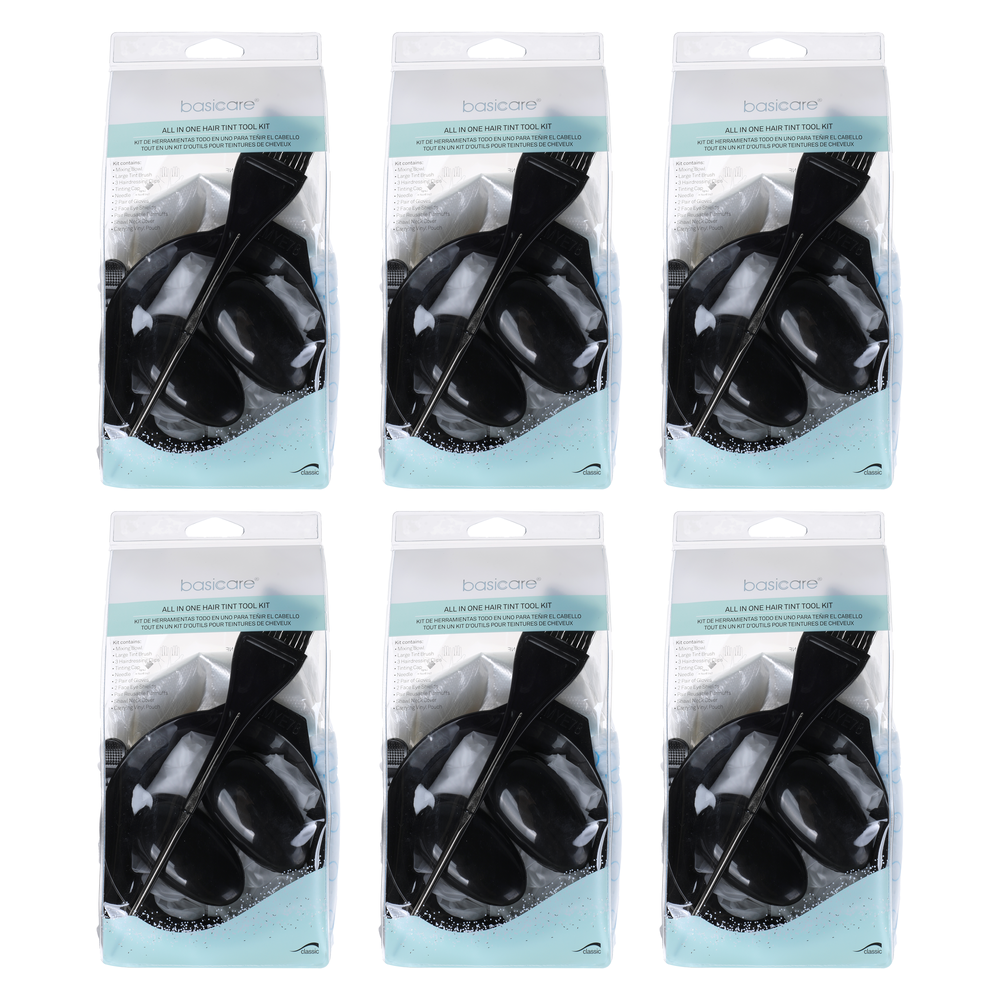 Basicare Hair Tint Tool Kit Bundle of 6 Bowl Brush Cap Gloves Pouch