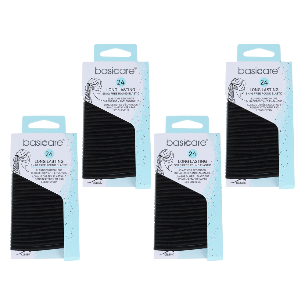 Basicare Elastic Black Hair Bands 24pcs 4mm Bundle of 4 Packs