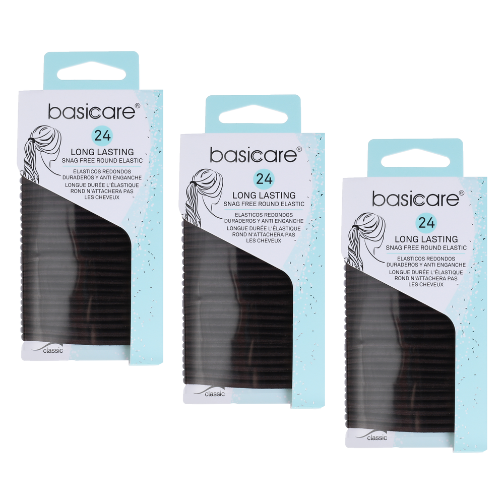 Bundle of 3 Basicare Elastic Brown Hair Bands 24pc 4mm No Metal