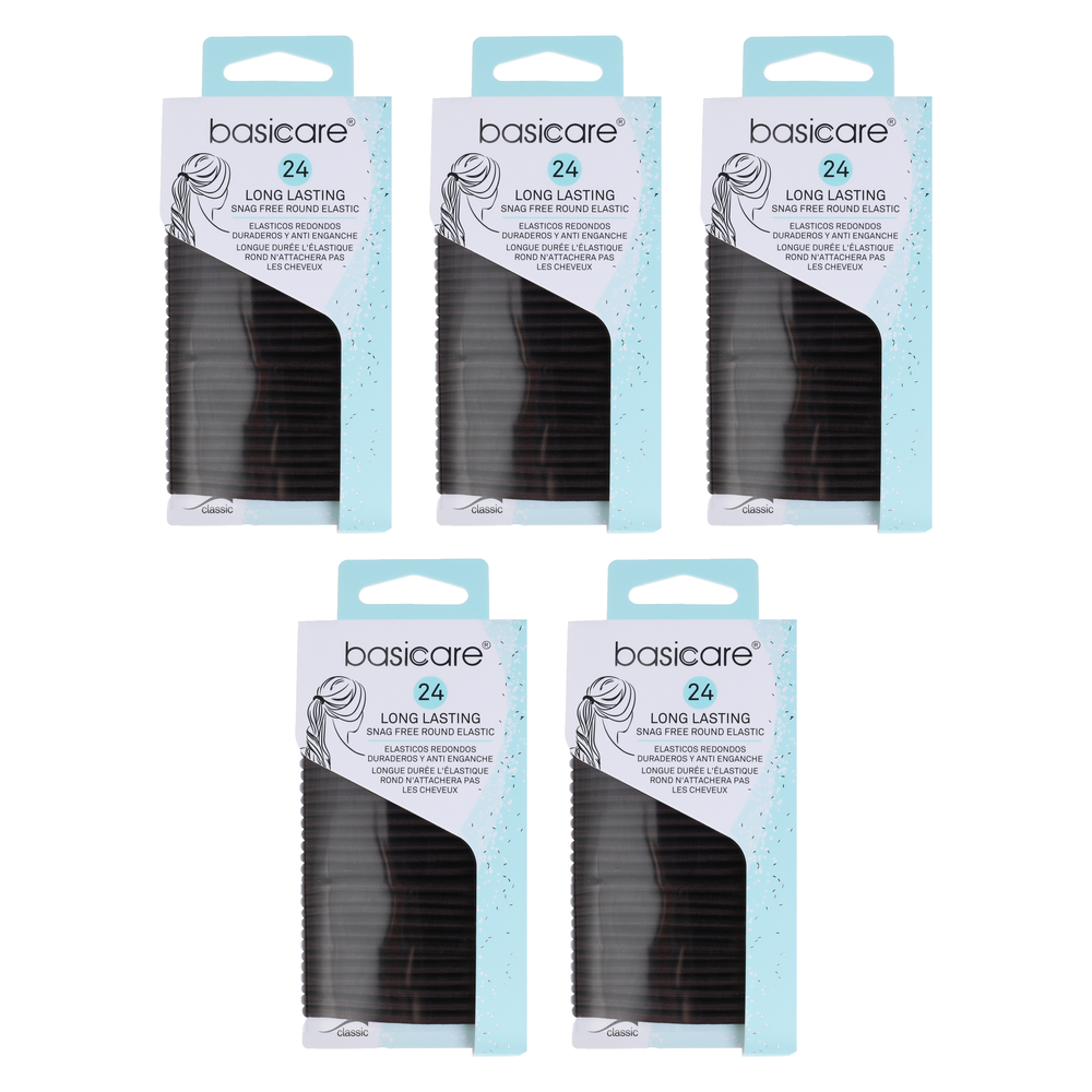 Basicare Brown Elastic Hair Bands 24pc 4mm Bundle 5 Pack
