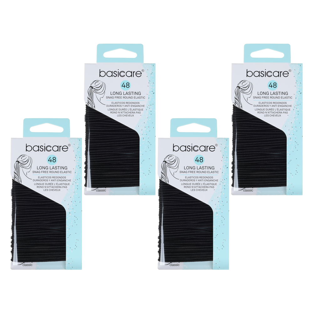 Basicare Round Elastic Hair Ties Black 48pc Pack Bundle of 4