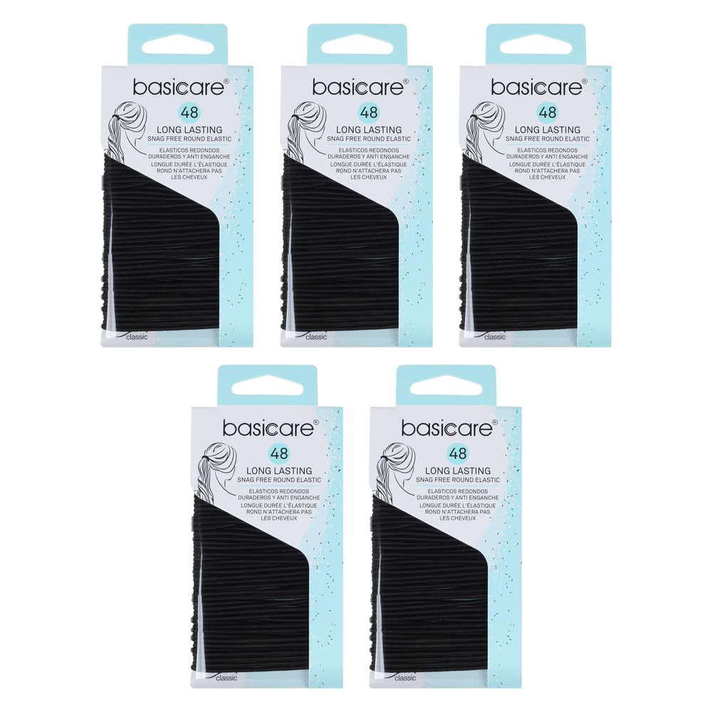 Basicare Round Elastic Hair Ties Black 48pcs Pack Bundle of 5 No Metal Snag Free