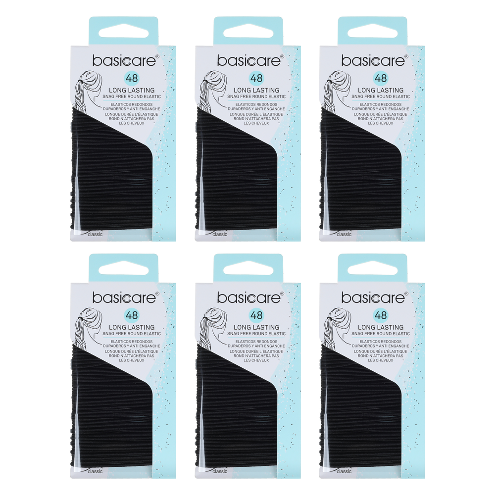 Basicare Round Elastic Hair Ties Black 48pcs Pack Bundle of 6