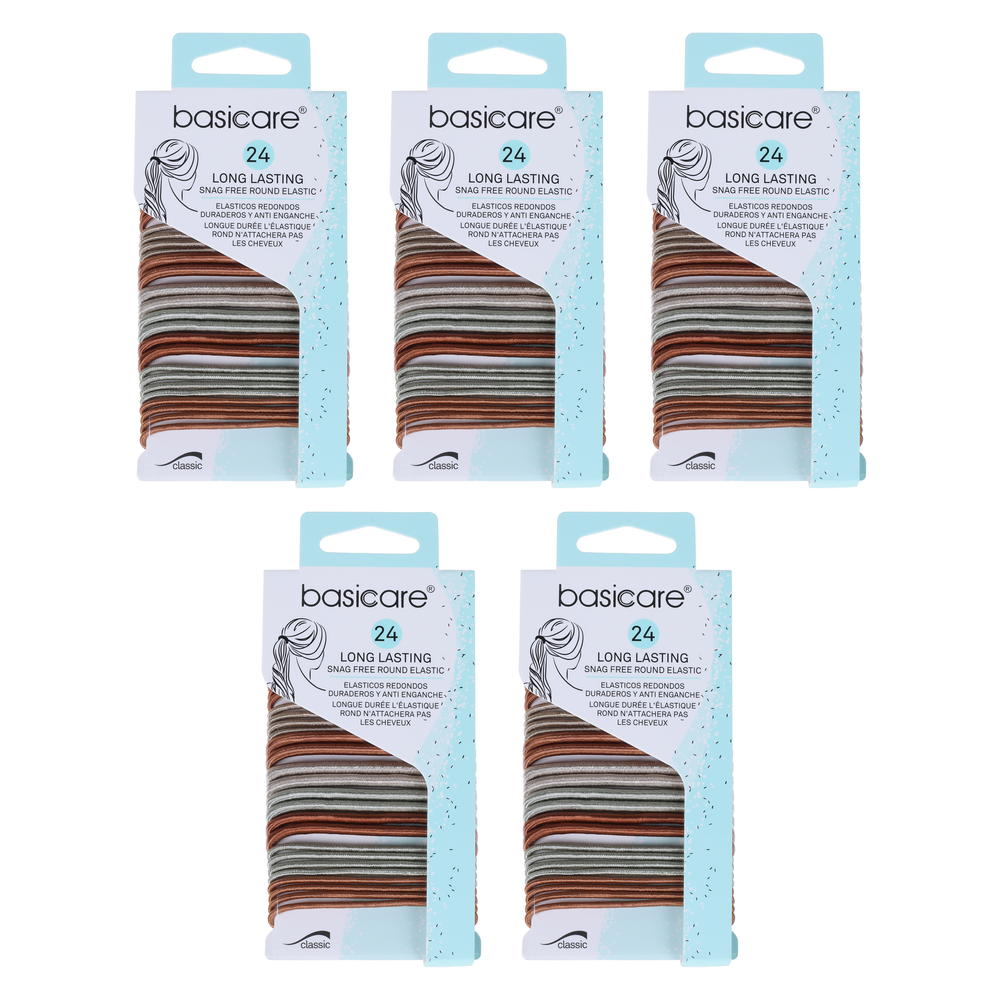Basicare 5 Pack Bundle 24pcs Metallic Round Elastic Hair Ties Durable Snag Free