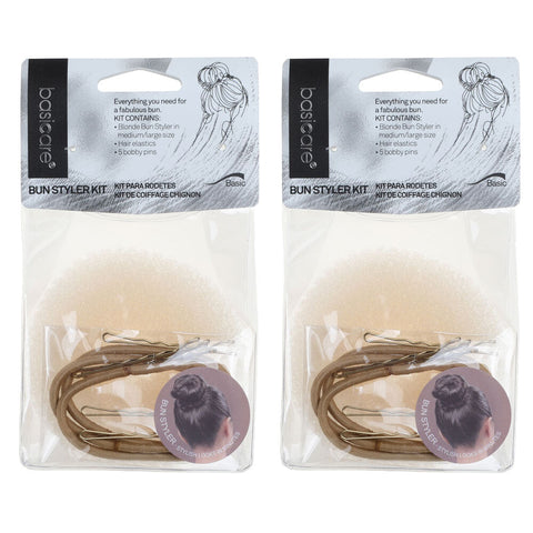 Basicare Bun Styler Kit Blonde S/M Hair Elastic And Bobby Pins Secure Hold x 2