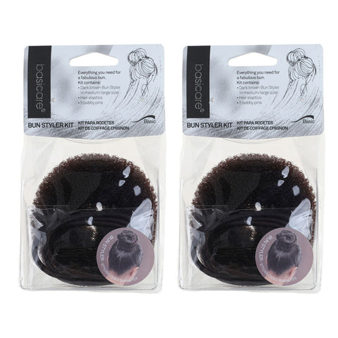 Basicare Bun Styler Kit Brown S M with Elastic and Bobby Pins 2 Pack