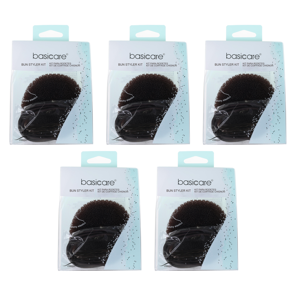 Basicare Bun Styler Kit Brown S M Bundle of 5 with Elastic and Bobby Pins